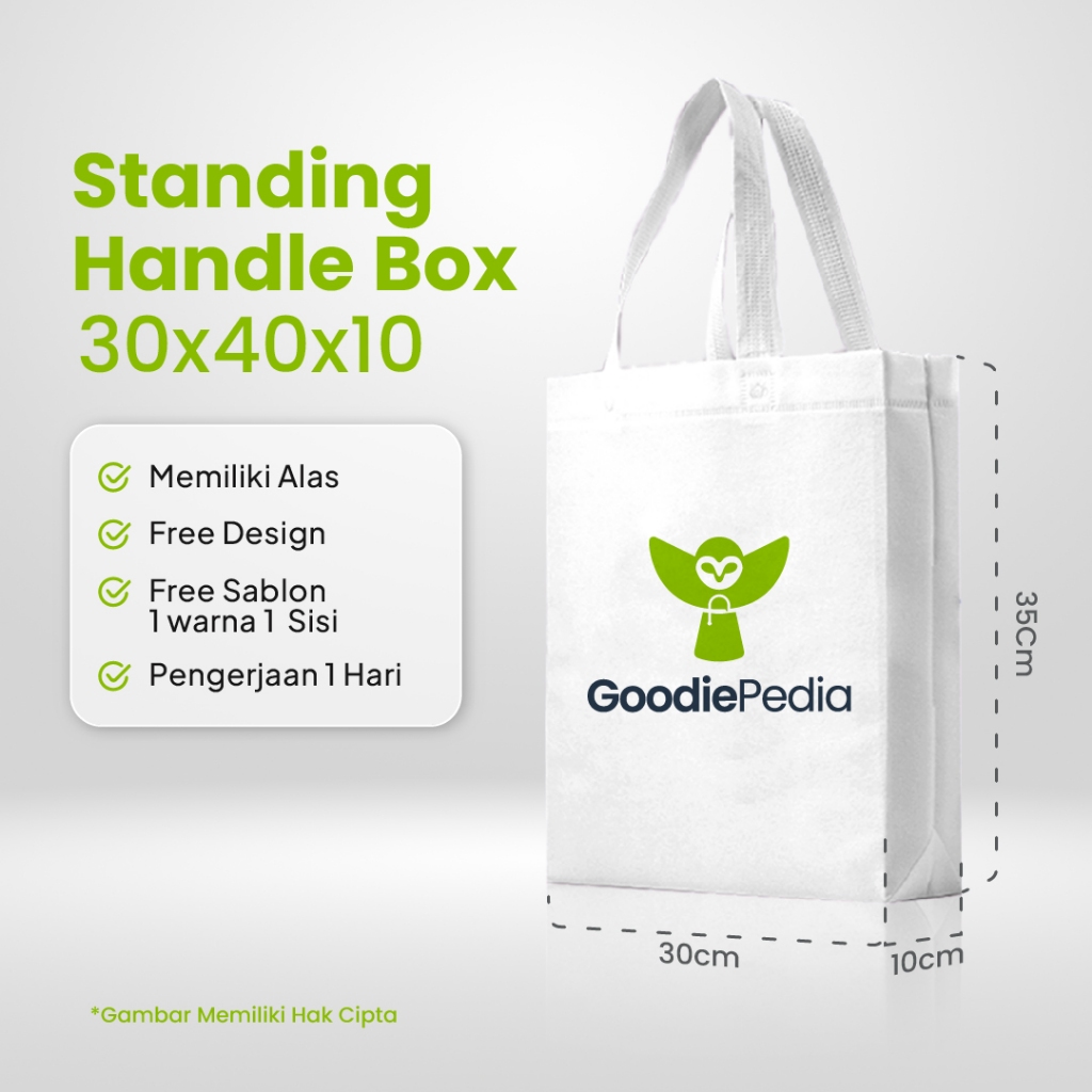 

Tas Spunbond Lipat Box 30x40 Custom Sablon - Pilihan Tepat untuk Souvenir, Promosi, dan Bansos