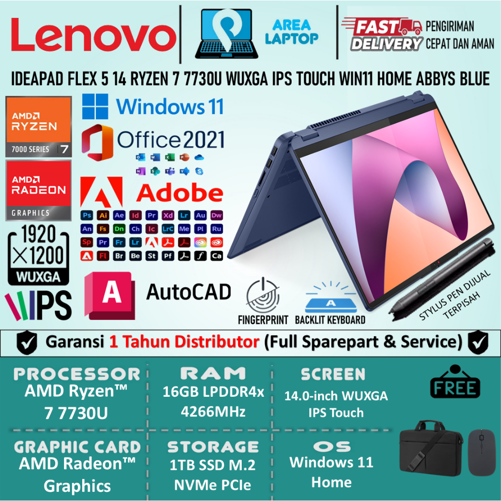 Laptop Bisnis 2in1 Lenovo Ideapad Flex 5 14 AMD Ryzen 7 7730U 16GB 1TB WUXGA IPS Touch Win11