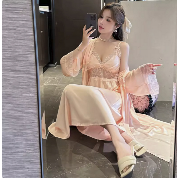 PROMO DISKON!! Vee-kimono sutera long dress 92319 set 2 pcs/kimono set/lingerie set