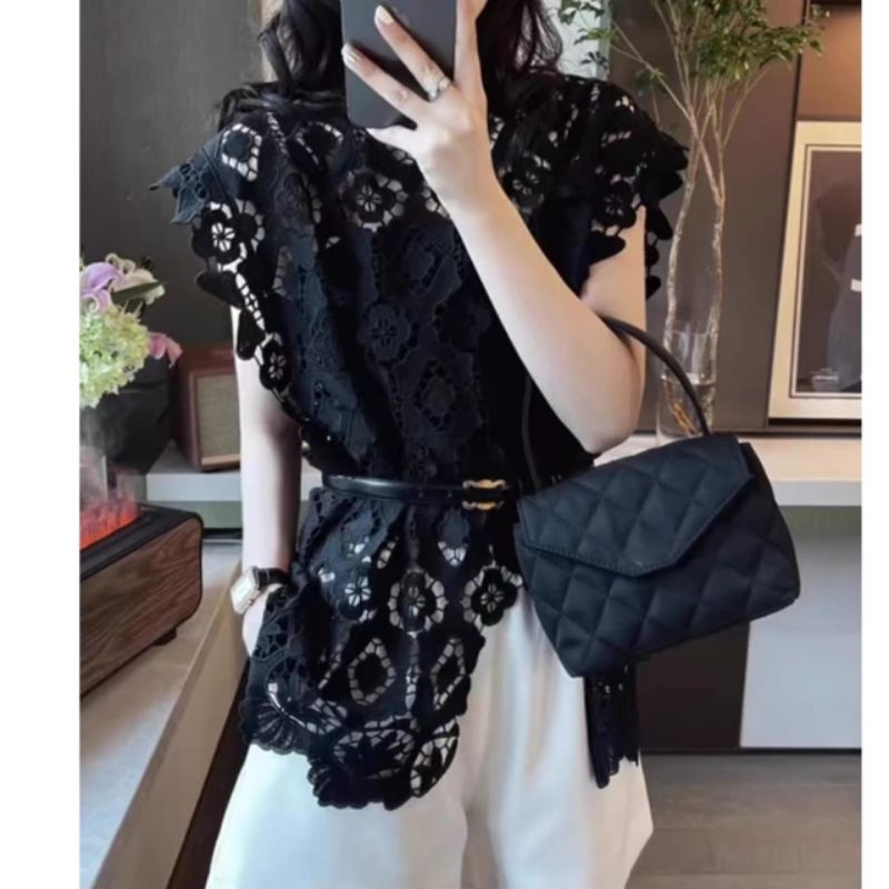 2194 Baju atasan blouse MEZALINA ASYMMETRIC LACE TOP BROKAT VNECK hitam putih polos Korean style wan