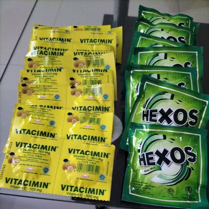 

Vitacimin,vitamin C 500mg.Hexos rasa mint sachet 5butir