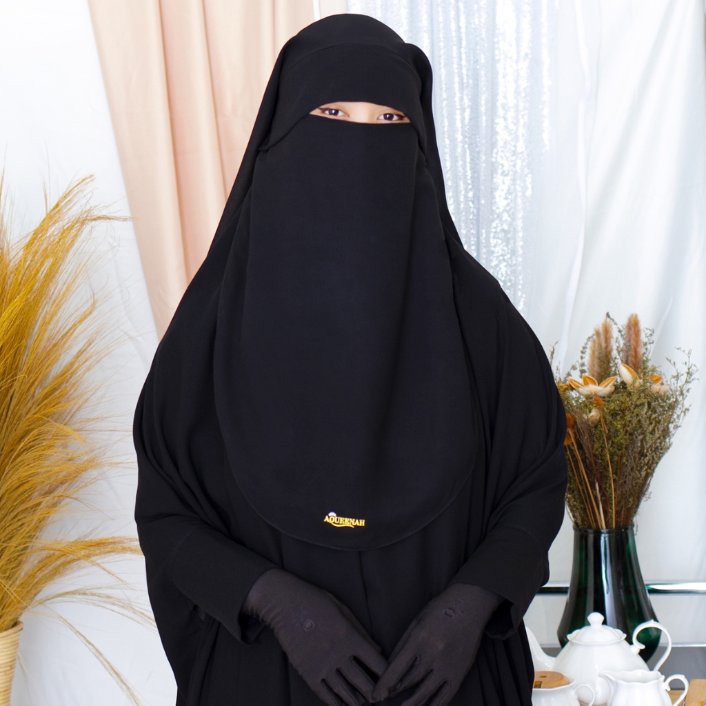 Aqueenah -  Purdah Khadijah Cadar Niqab Butterfly Yaman Poni Sifon Silk Jetblack Exclusive