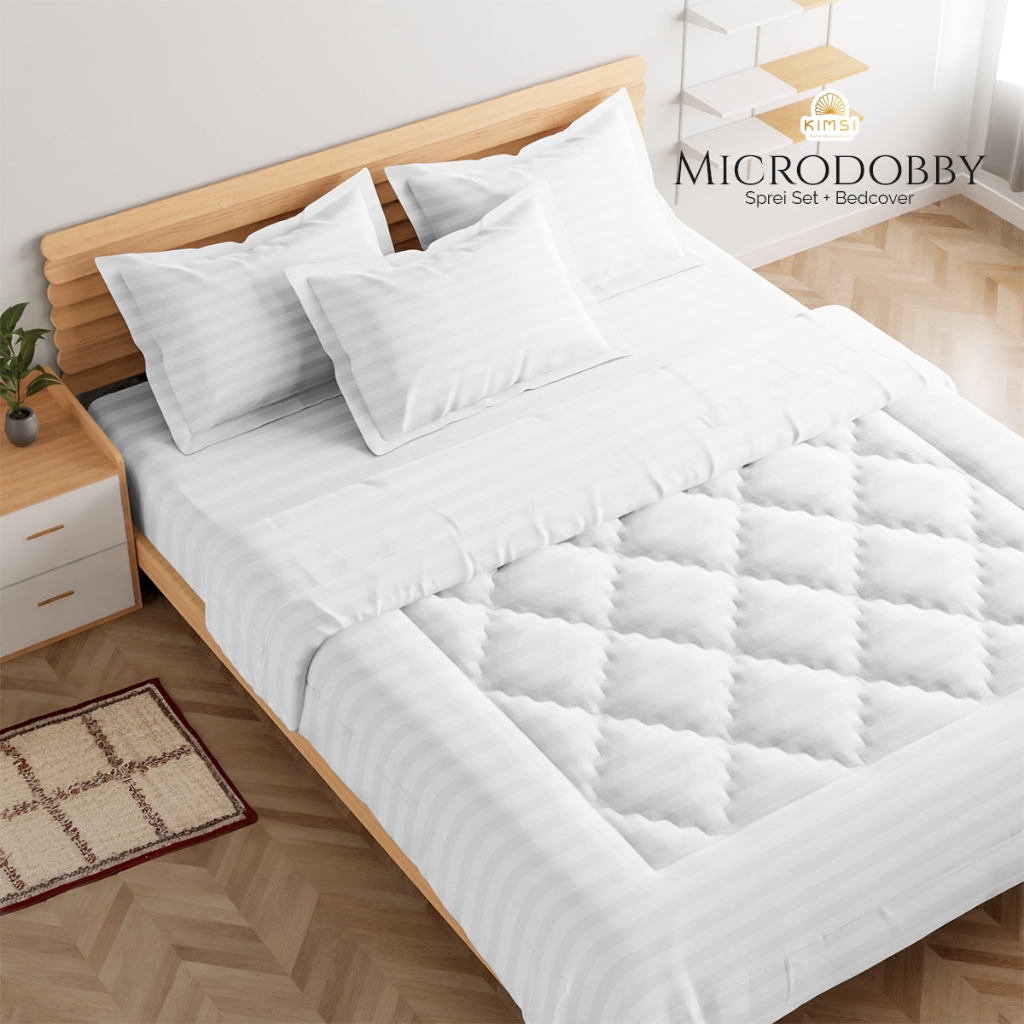 Sprei dan Bedcover Set Hotel Putih Salur Microdobby / sprei hotel putih polos / sprei hotel / sprei 