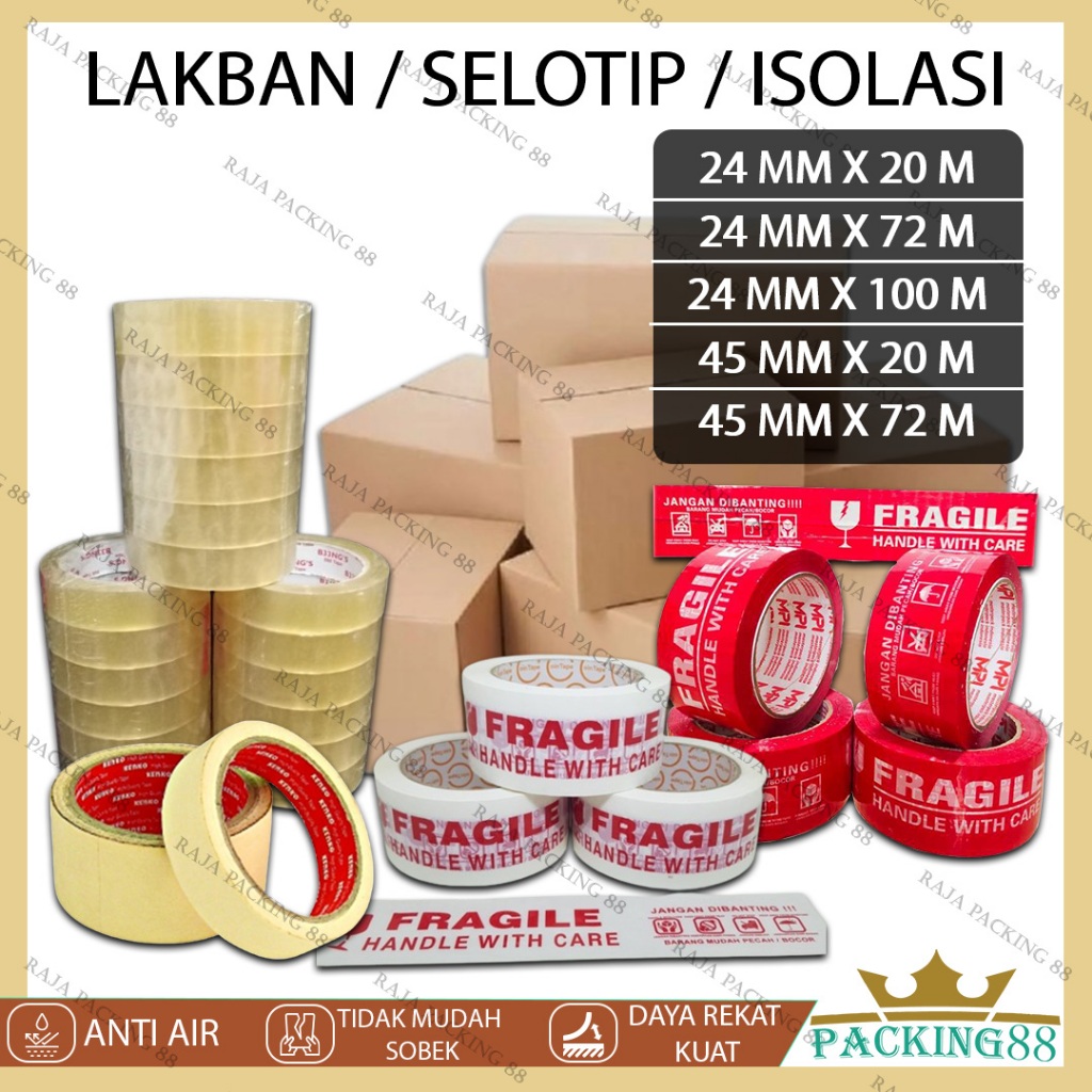 

Lakban Isolasi Tape Bening Kertas Fragile Jangan Di banting Merah Putih Solasi Perekat Lem Kardus Packing Jualan Online Shop