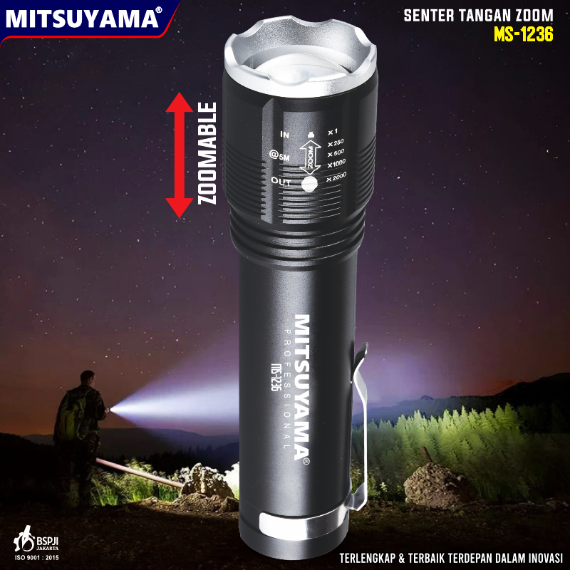 Senter LED Zoom Super Terang Mitsuyama MS-1236/Senter LED Super Terang Zoom Jarak Jauh