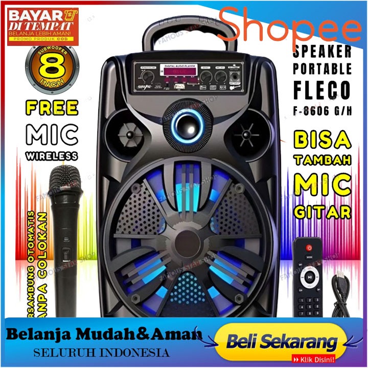SPEAKER BLUETOOTH FLECO F-8606 AB LED / FLECO F-8606 BAL 8'5 INCH FREE MIC WIRELESS KARAOKE + REMOTE