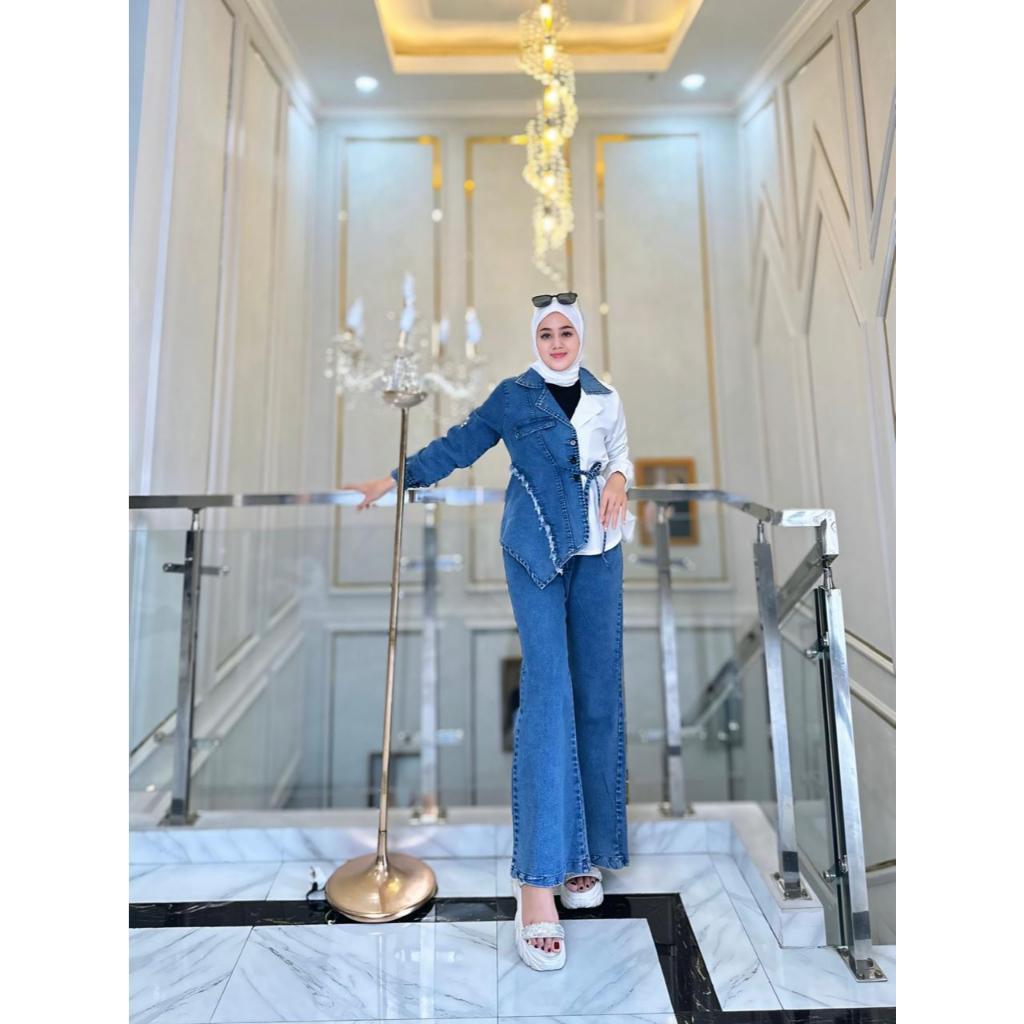 SETELAN CELANA JEANS WASH COMBINASI TOYOBO ELLA TRENDY