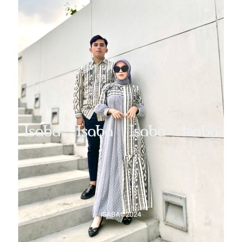 ISABA - BAJU COUPLE TENUN - GAMIS RAYA PUTIH - COUPLE GAMIS PASANGAN - COUPLE KONDANGAN - SARIMBIT