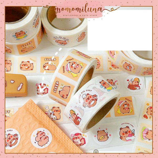

1 roll isi 300 pcs sticker roll capybara cute lucu deco seal stiker bulat kotak HB1779