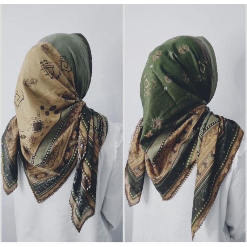 hijab segi empat motif terbaru 2024 warna hijau army voal premium