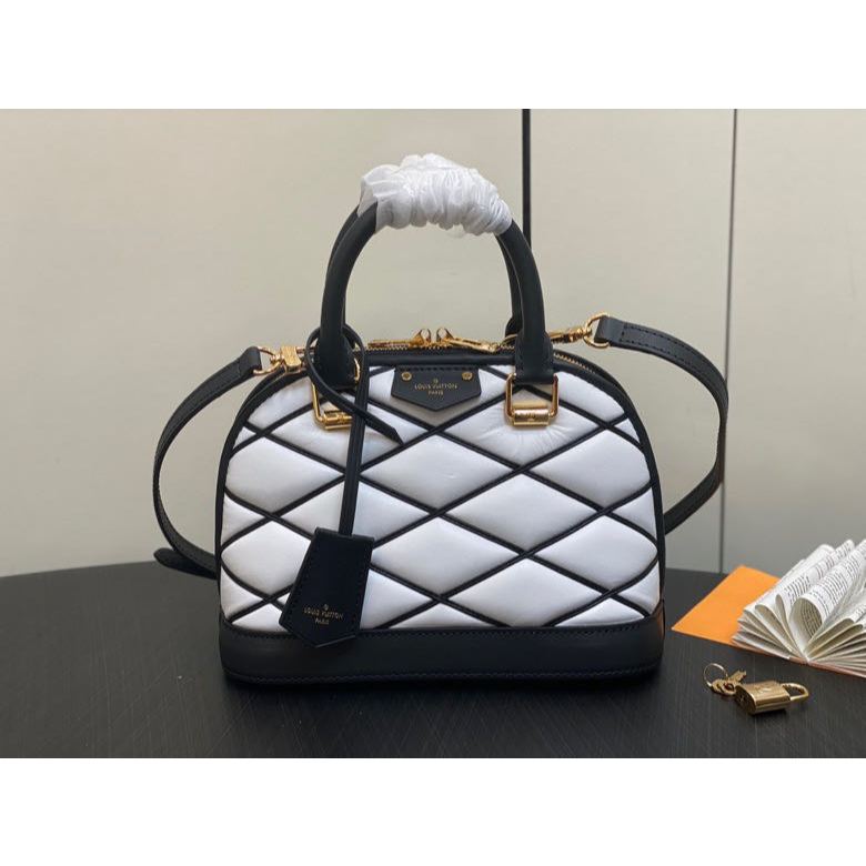 Top original Louis Vuitton/LV white diamond grid full leather shell bag series Alma BB shell handbag