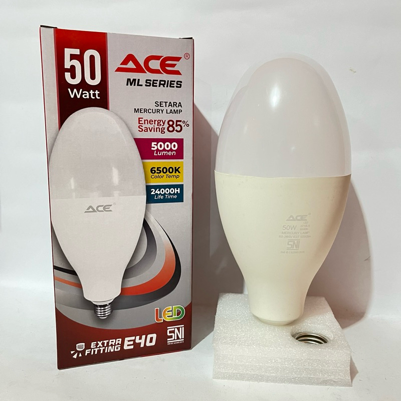 Lampu Bohlam LED 50 Watt Fitting E27 + E40 / Lampu Besar Cahaya Putih 6500K ACE Mercury Series SNI