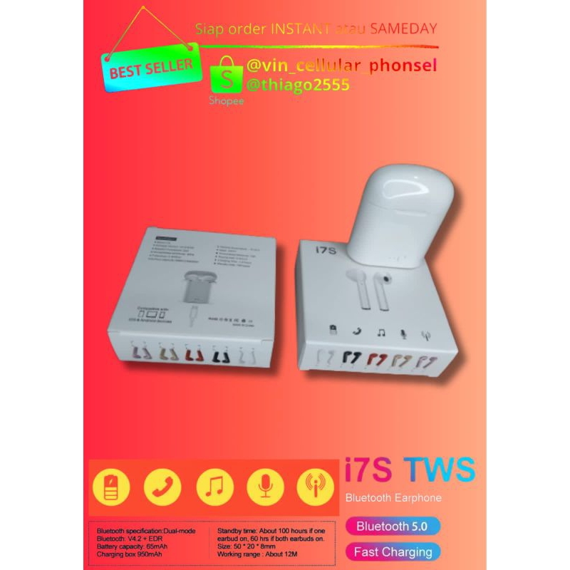 TERMURAH Headset Bluetooth TWS i7s Hedset blutut TWS Headset Wireless ORI GRADE A TWS WIRELESS Hense