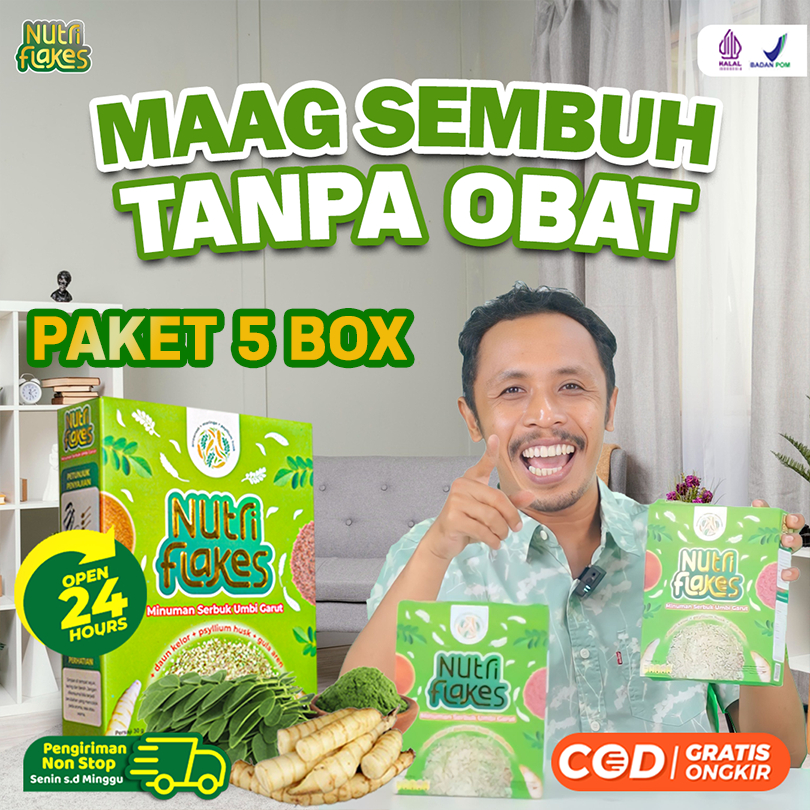 

Nutriflakes Promo Paket 5 Box - Sereal Umbi Garut Sembuhkan Asam Lambung - Ampuh Mengatasi Gerd, Maag Radang Lambung Original Nutriflakes Official Store
