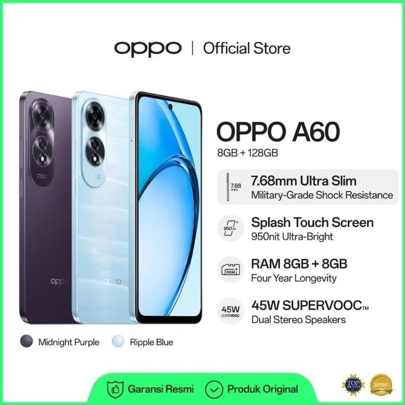 ORIGINAL HP Smartphone OPPO A60 8 GB/128 GB Handphone OPPO Garansi Resmi