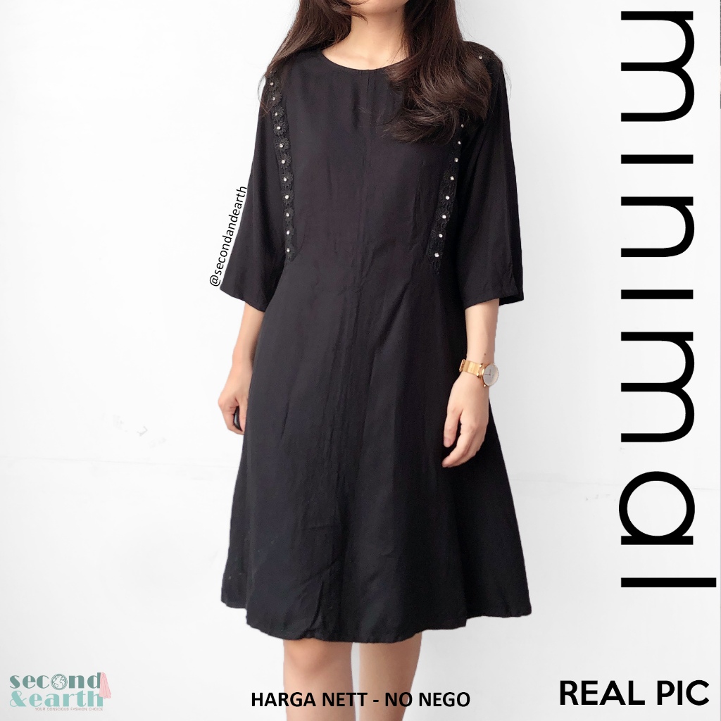 Minimal Gold Dress (L) Terusan Kerja Wanita Lengan Panjang ALine Fit Flare Katun Linen Hitam Polos L