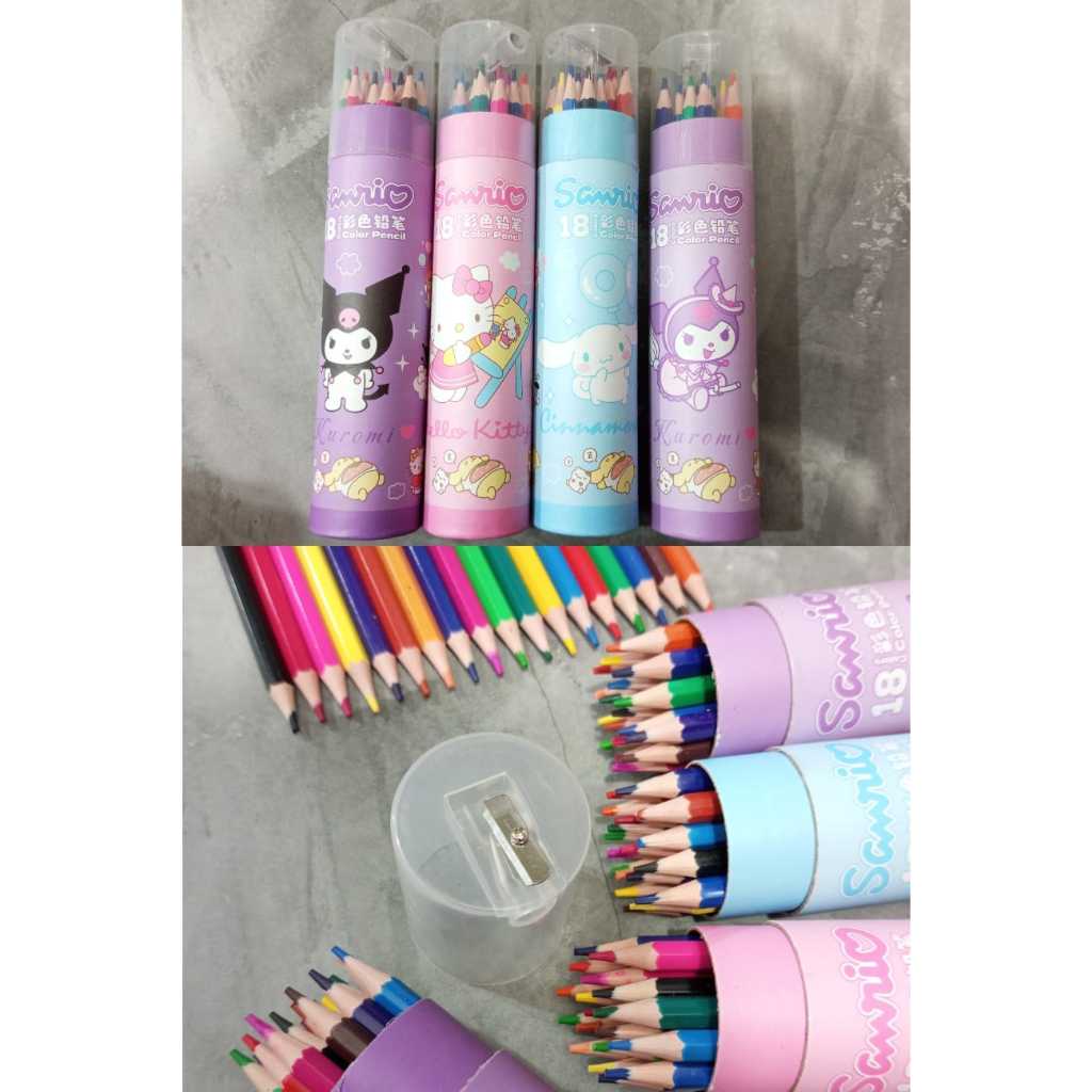 

READY PENSIL WARNA SANRIO TABUNG ISI 18 PCS FREE RAUTAN PENSIL WARNA KARAKTER KUROMI HELLO KITTY CINAMOROL MELODY