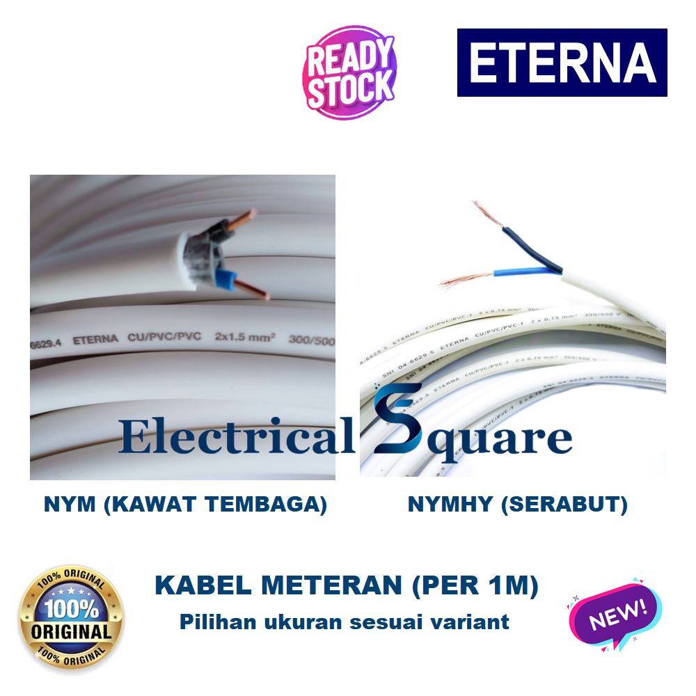 Eterna Kabel Meteran NYM Kawat Tembaga 2x1.5 2x2.5 3x1.5 3x2.5 NYMHY Serabut 2x0.75 per 1 Meter Ori