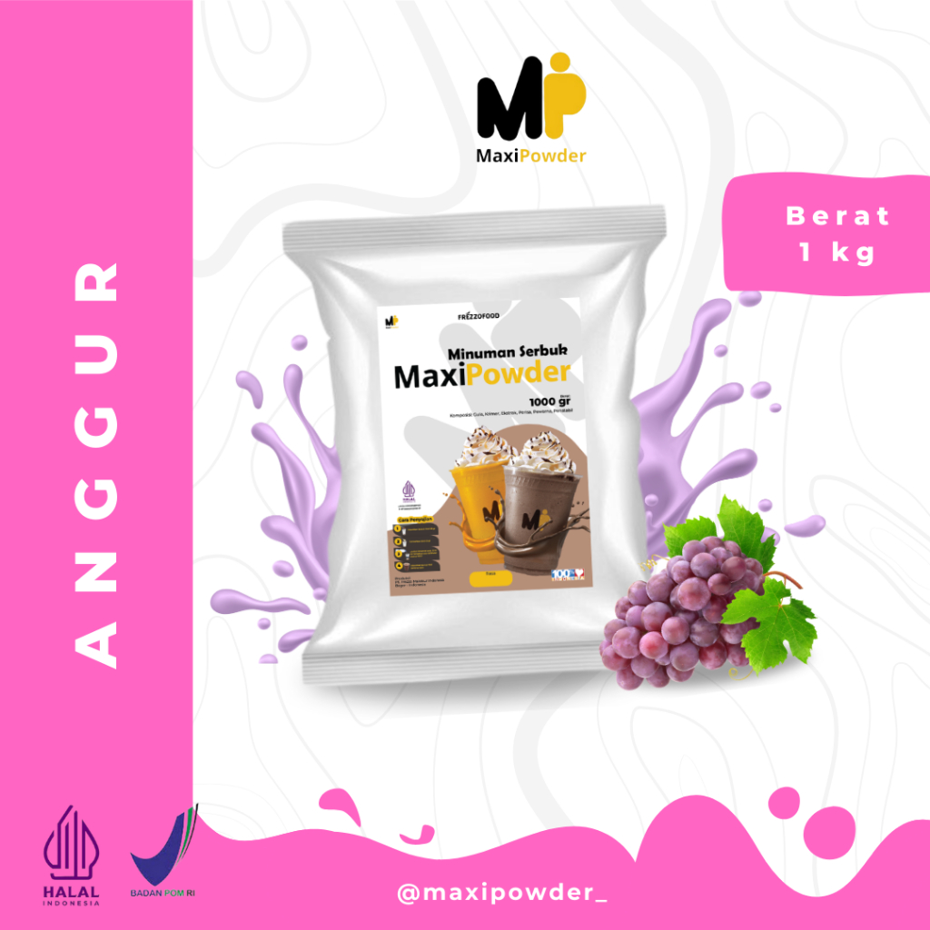 

Bubuk Minuman Rasa Anggur 1kg / Minuman Kekinian Anggur Termurah / MaxiPowder