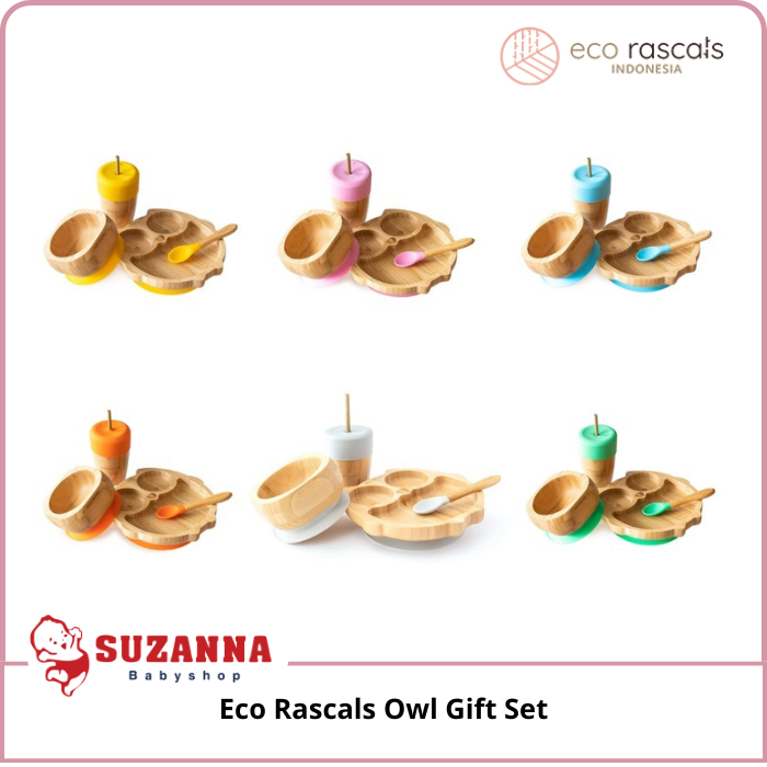 Eco Rascals Owl Gift Set : Suction Plate, Bowl, Spoon, Large Cup & 2 Straws