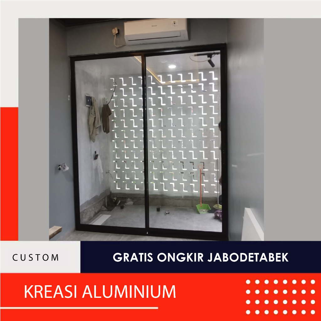 Pintu Sliding Minimalis Aluminium Full Kaca L140XT200 Dua Daun Pintu