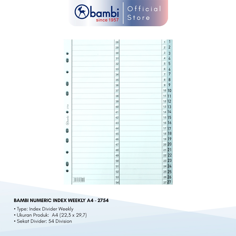

Bambi Isi Binder A4 Divider & Indexes Pembatas Kertas Binder Edisi Numeric Index 1 - 54 Weekly Original