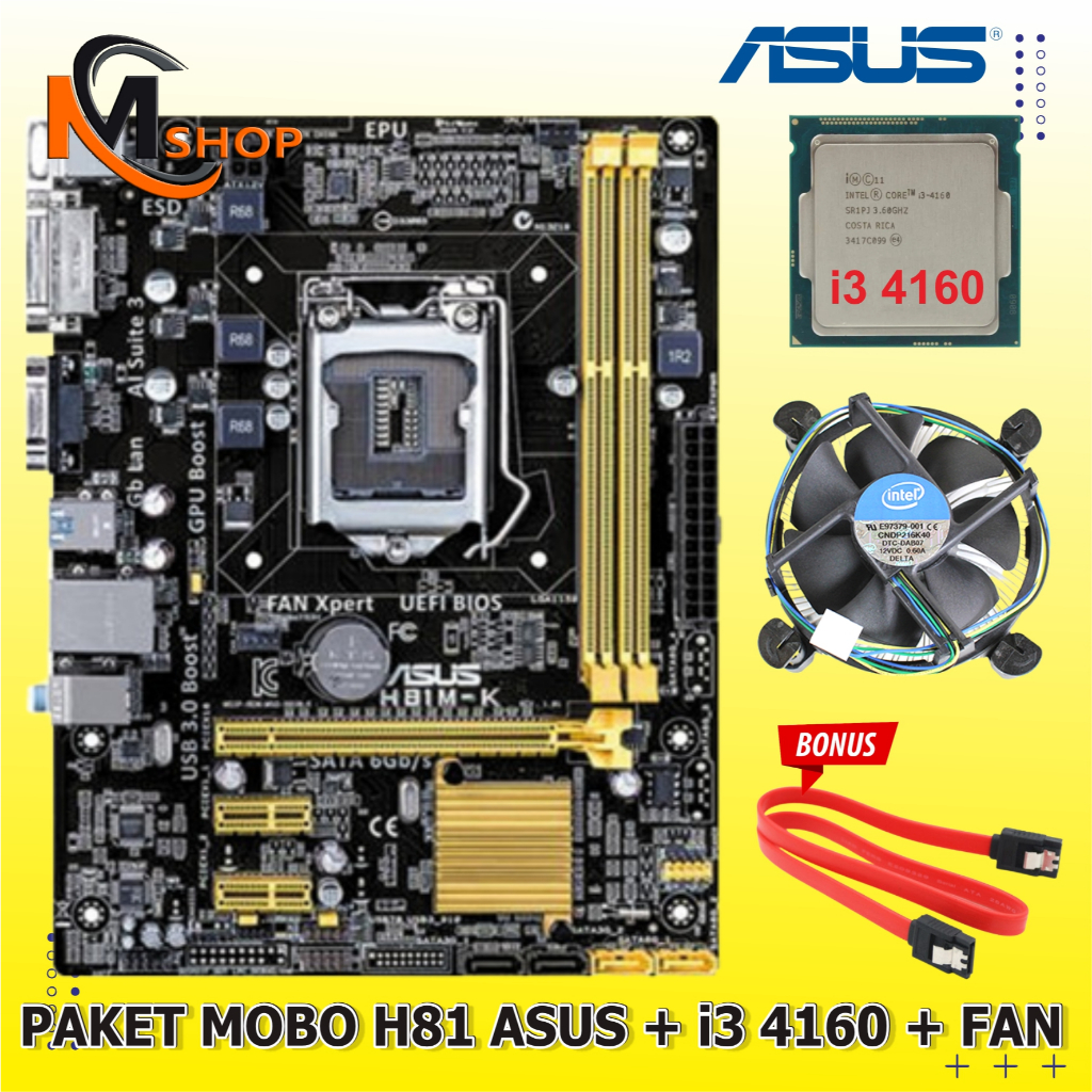 Paket Mainboard Mobo Intel H81 LGA 1150 DDR3 + Processor Core i3 4160 + Fan