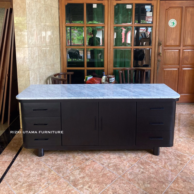 Buffet Minimalis Kayu Jati Top Marmer Carara / Buffet Kayu Jati Solid / Buffet TV Top Marmer Carara