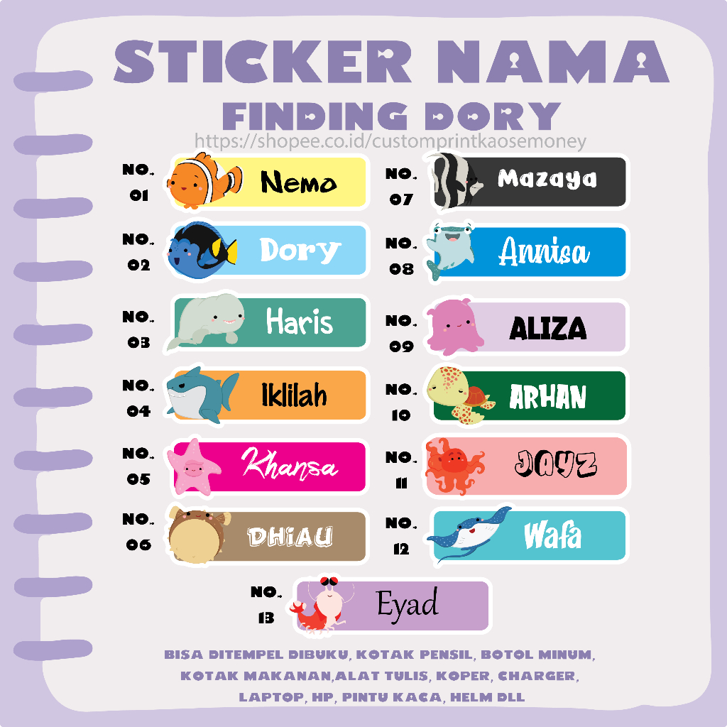 

STICKER LABEL NAMA KARAKTER KARTUN FINDING DORY NEMO CUTE LEBEL CUSTOM PREMIUM MURAH LUCU BISA TEMPEL DI BUKU KOTAK PENSIL HELM BOTOL MINUM KOTAK MAKANAN KOPER LAPTOP HP ALAT TULIS PINTU KACA