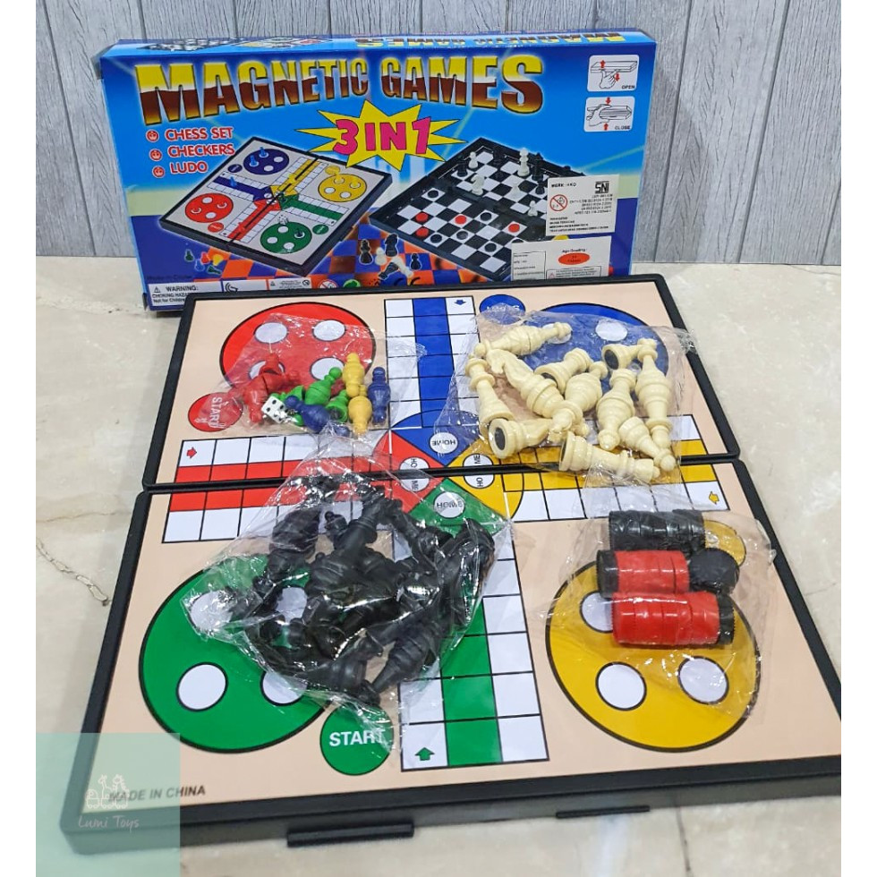 Mainan Family Board Game 3 IN 1 Magnetic Game Chess Ludo Checkers