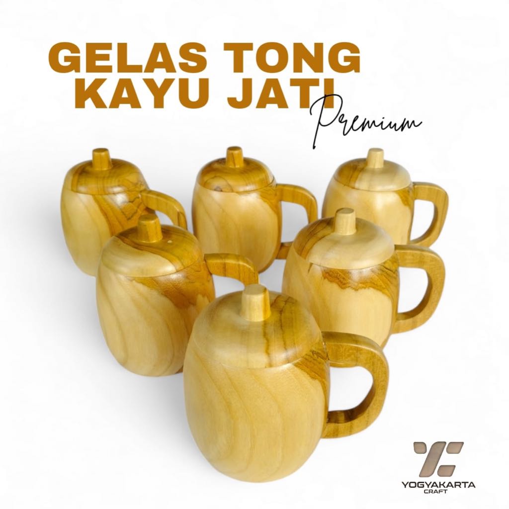 Gelas tutup kayu jati-gelas model tong,gelas unik estetik