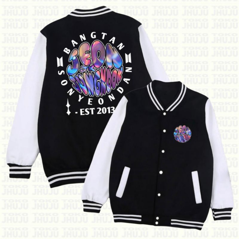 Jaket Varsity Sablon Bangtan Sonyeondan Jungkook Chrome Texture Streetwear DB