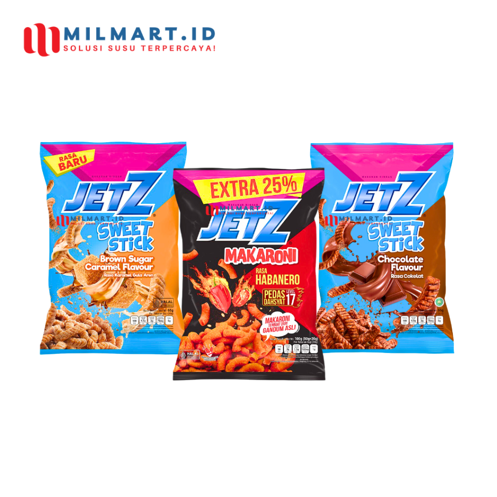 

JETZ SWEETY STICK CHOCOLATE BROWN SUGAR CARAMEL 65G MAKARONI SPICY 100G SNAK