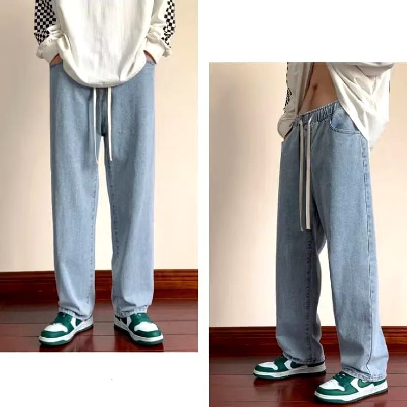 Celana Jeans Pria Pinggang Karet Korean Style Kulot Longgar Denim