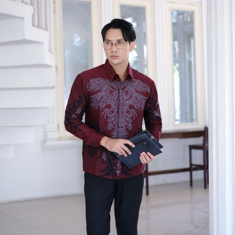 Kemeja Batik Pria PREMIUM IKN MERAH MARON Lengan Panjang LENGAN PENDEK BATIK Slimfit Bahan Katun Hal