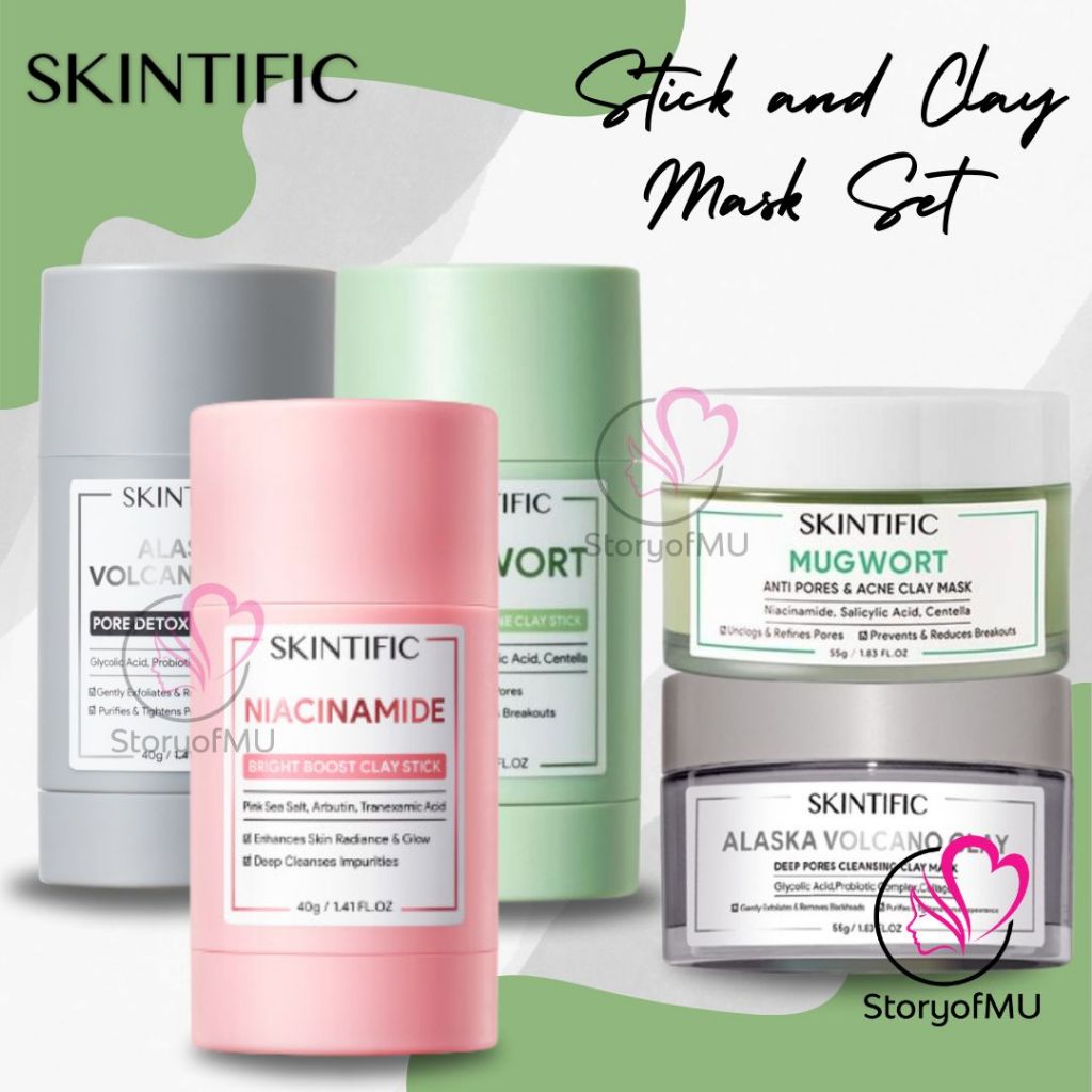 SKINTIFIC Stick dan Clay Mask Set | Alaska Volcano Pore Detox Clay Stick | Mugwort Anti Pores & Acne