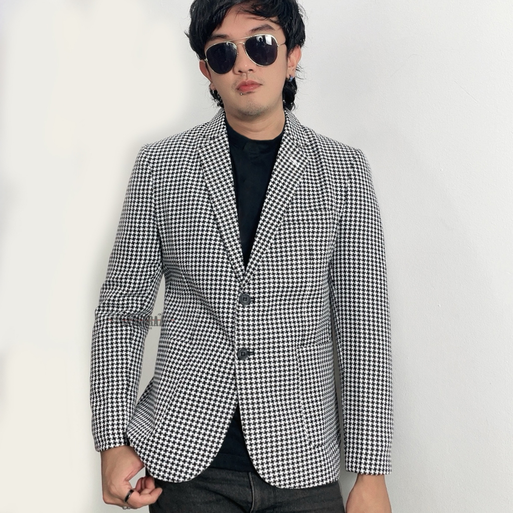 blazer pria premium motif tartan houndstooth hitam putih slimfit casual formal original realpicture 