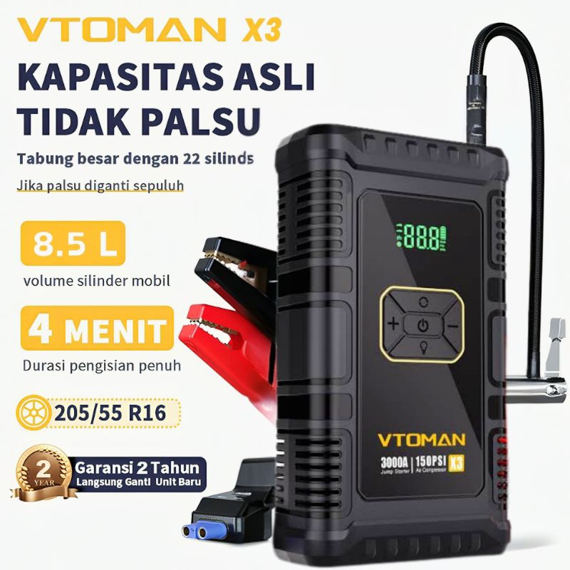 Jump Starter Aki Mobil Motor Vtoman X3 Pro Power Bank 12000mah Bisa Pompa