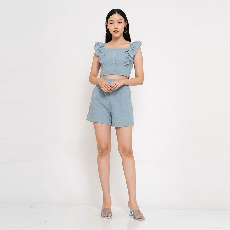 𝙉𝙀𝙒 Chocohips One Set Baby Blue Ruffle Buttons Crop Top + High Waist Short Setelan Wanita
