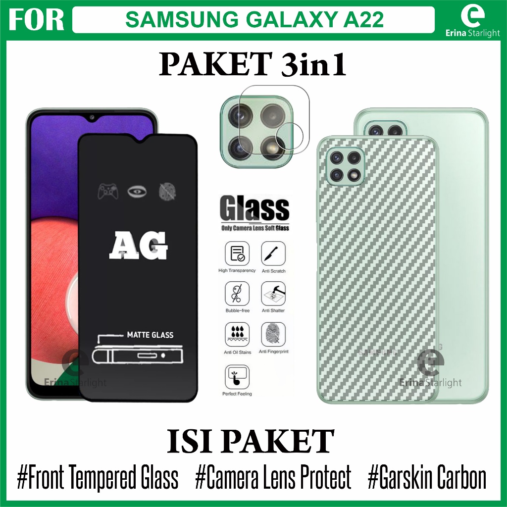 Paket Hemat 3in1 Tempered Glass Samsung Galaxy A22 A22 5G M22 A12 Pelindung Camera Garskin Carbon 3D