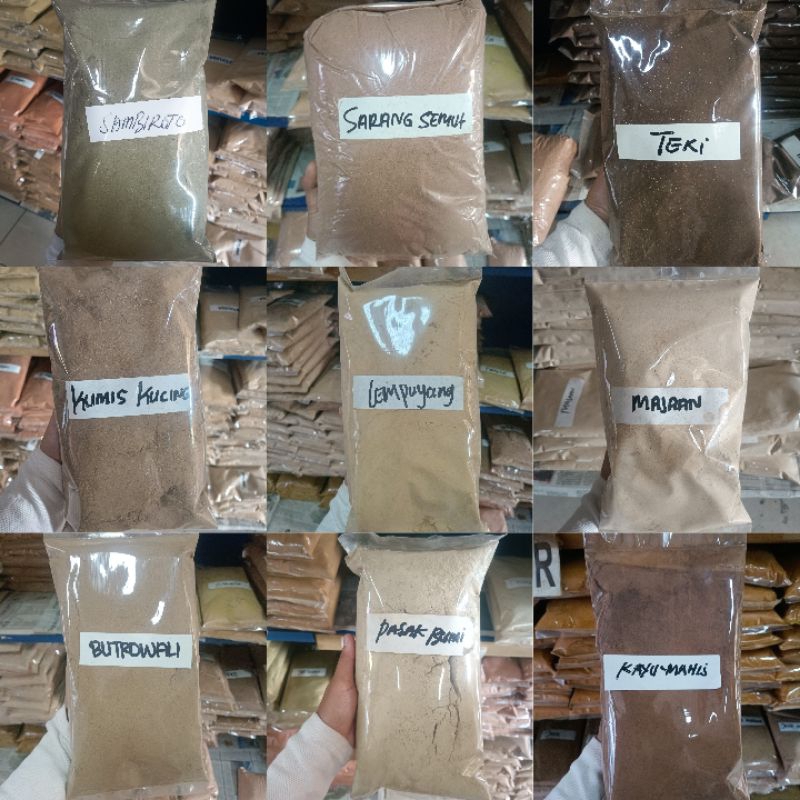 

Kumis Kucing Lempuyang Sambiloto Sarang Semut Brotowali Pasak Bumi Majaan Teki Bubuk Jamu Herbal