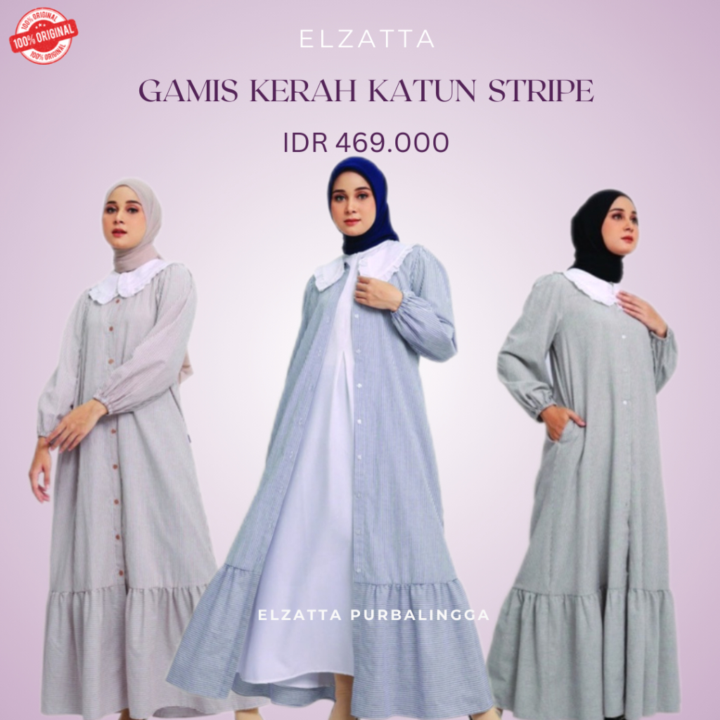 Elzatta Gamis Kerah Katun Stripe Gamis Bahan Katun Elzatta