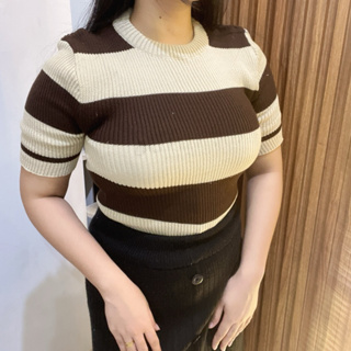 Pakaian Striped Wanita Garis garis Baju Atasan Lengan Pendek Stripe Kaos Salur Wanita Rajut Tebal Pr
