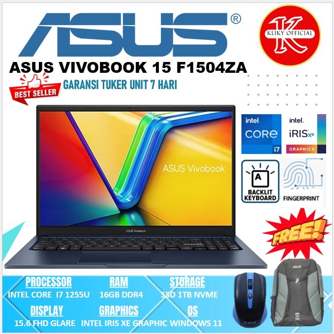 Laptop Kerja Asus Vivobook F1502ZA Intel Core i7 Gen12 Ram 16GB Ssd 1Tb Blue