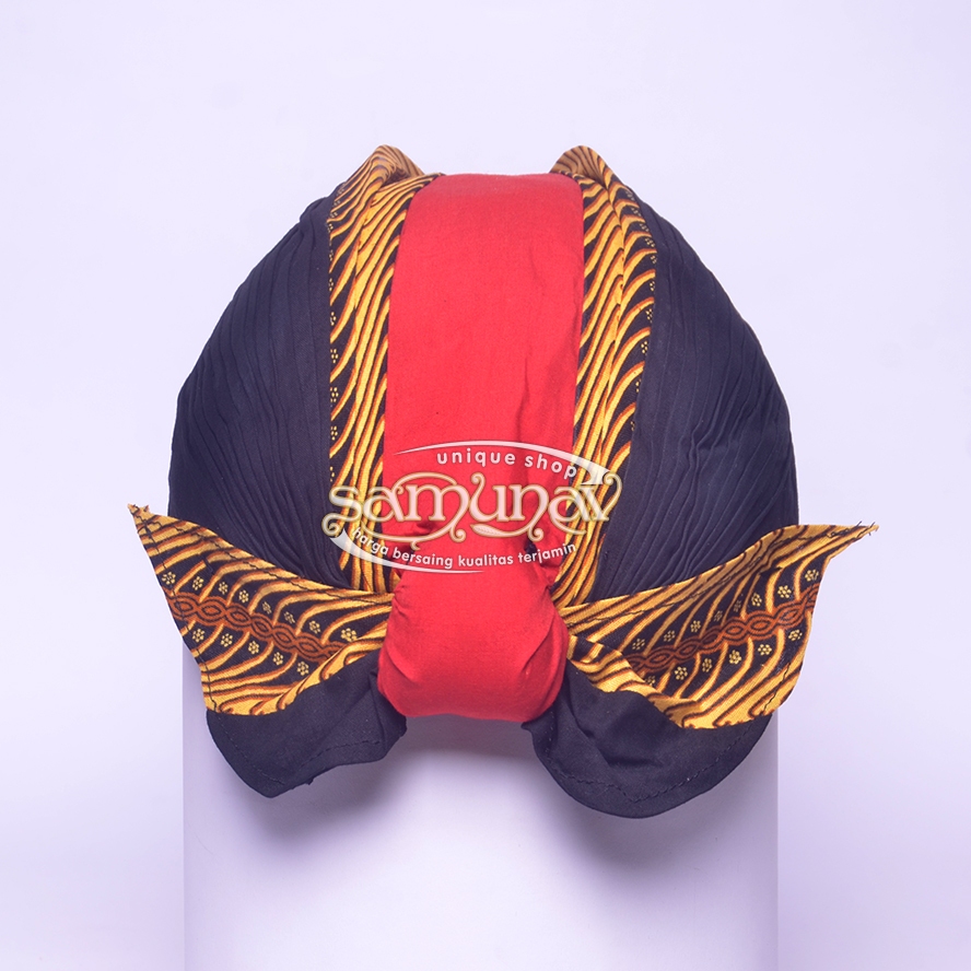 Blangkon Lipat Jogja Jebeh Hitam Merah Motif Samurai Kuning