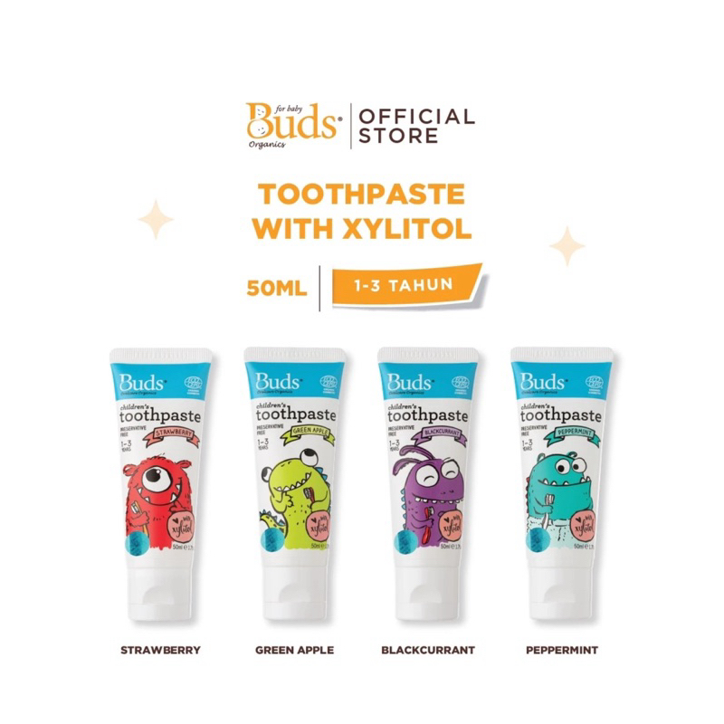 Buds Organics Toothpaste With Xylitol 1-3 Tahun - Pasta Gigi Odol Bayi dan Anak Aman Bisa Ditelan