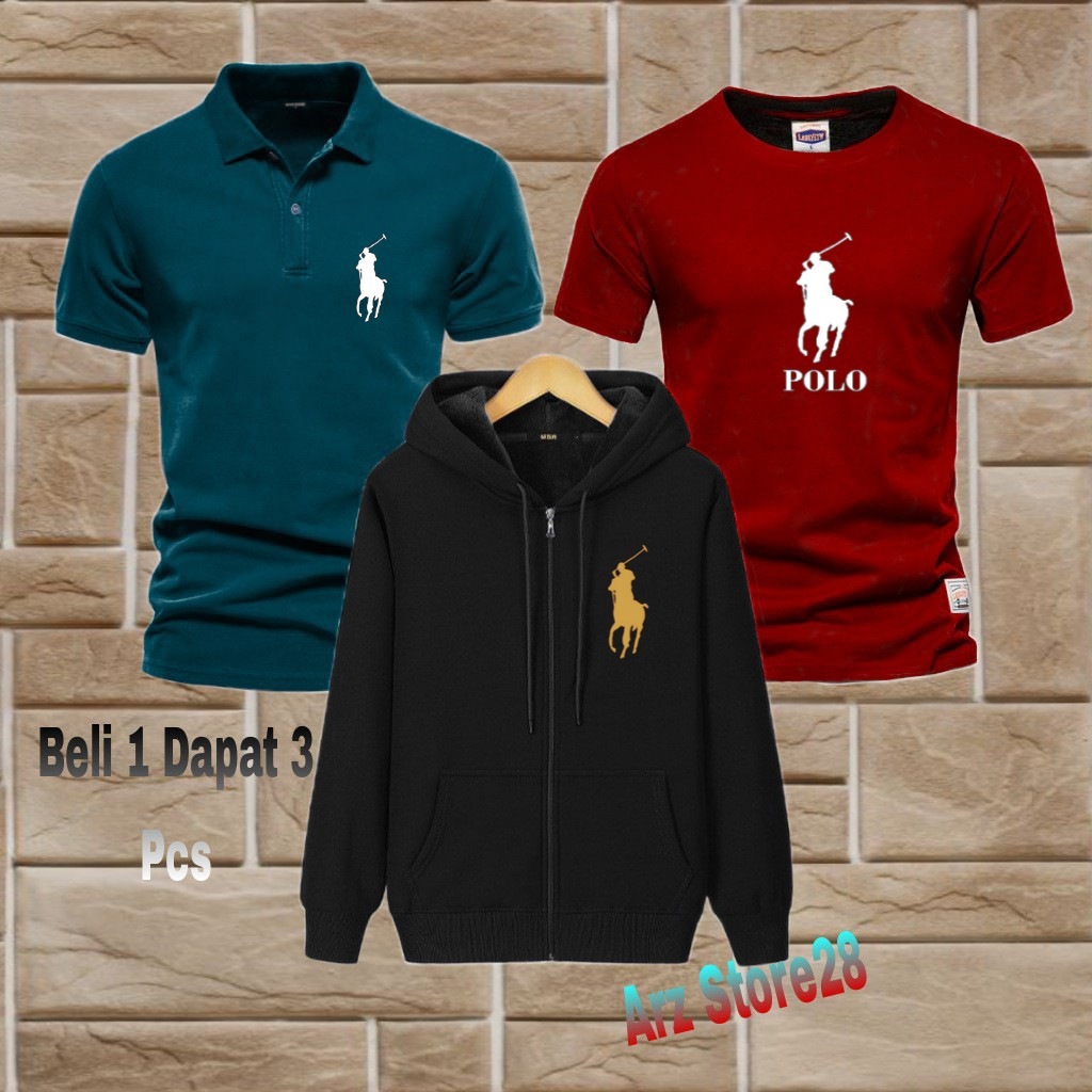 Terlaris  Free Beli 1 Dapat 3 Pcs Polo Krah  -Jaket - Koas Pendek  Text Putih /Gold Logo Polo  Sweat