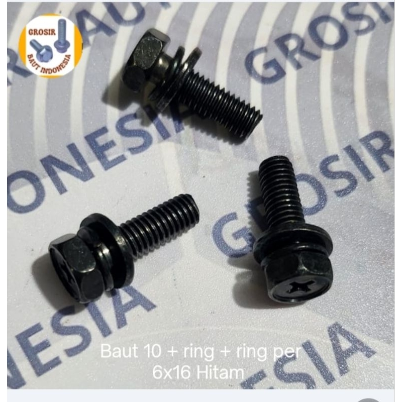 Baut 10 + ring + ring per 6x16 Hitam Kepala obeng + (10 baut / 10baut+10mur)