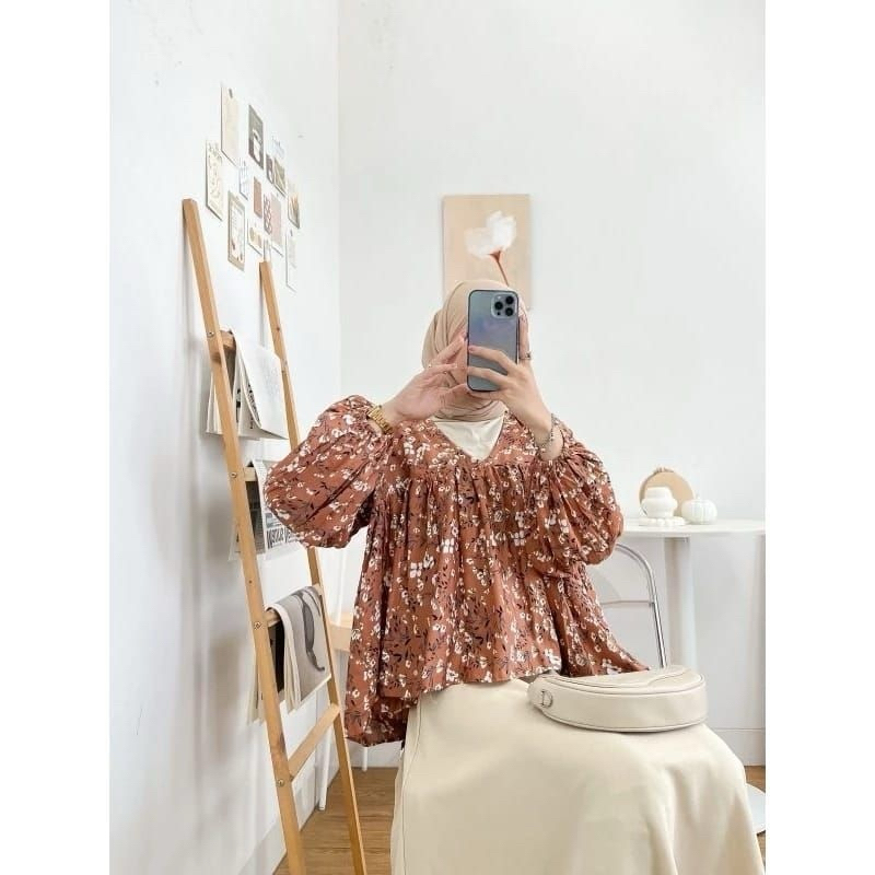 BLOSSOM_STYLE || SESA BLOUSE VINTAGE FLOWY TOP | V Blouse Korean Style Vintage Wanita | FLORAL BLOUS