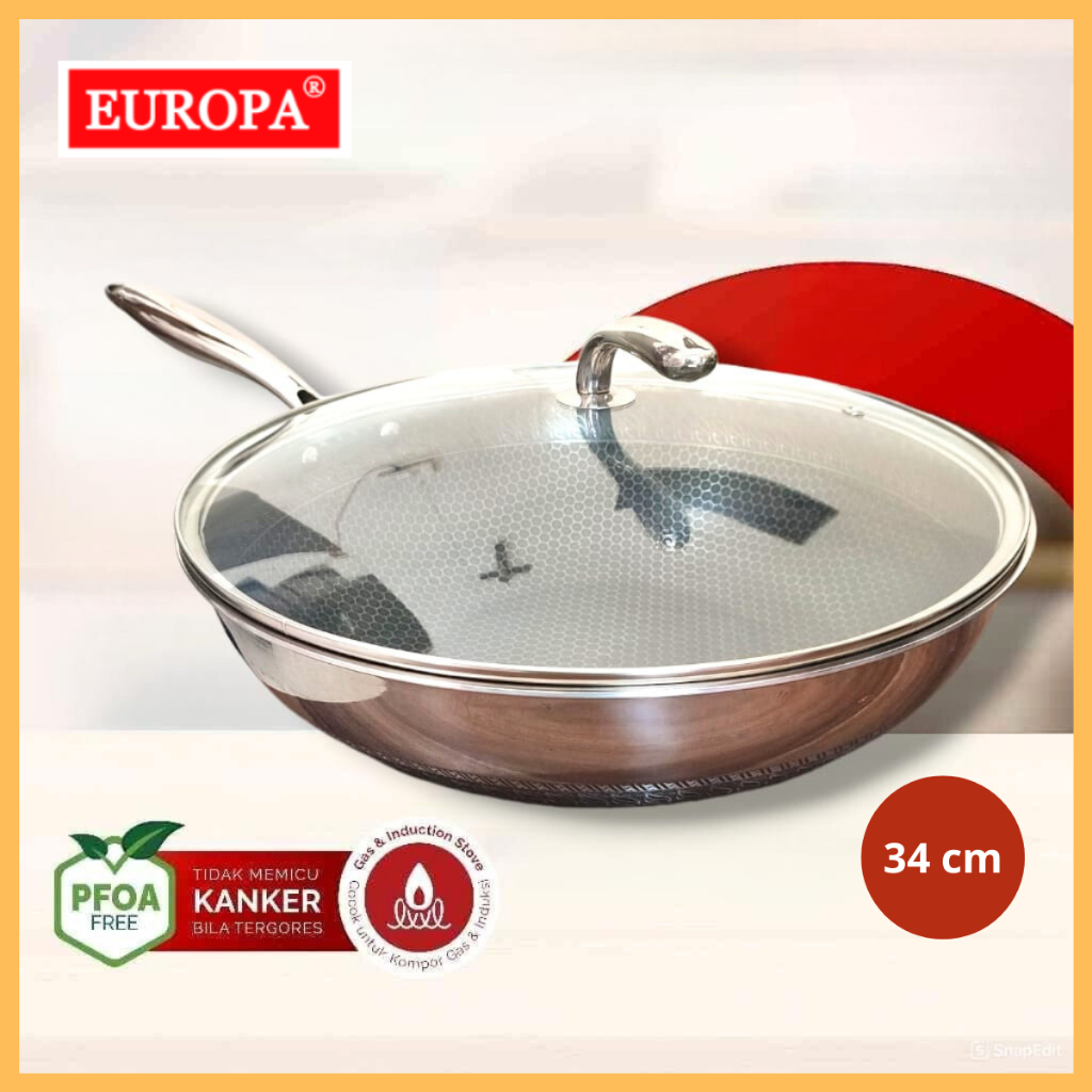 Europa wok pan wajan stainless steel Sus 304 honeycomb anti lengket 34 cm dengan tutup